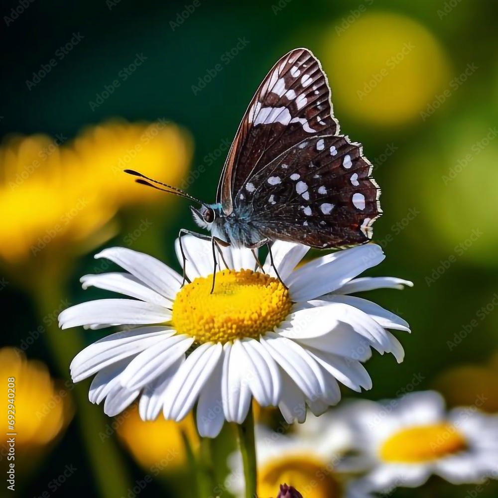 Macro photo of a pigeon butterfly sitting on a daisy Macro photo of a pigeon butterfly sitting on a daisy