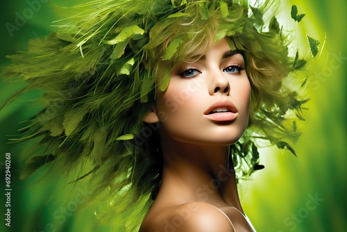 Nature Summer Hair Grass Green Fresh Woman Spring Beauty fantasy girl isolated white young flora fashion beautiful coiffure bio cut art care look skin wild tale model dream plant fairy party idea