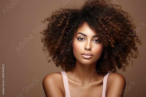 hair black girlCurly afro beautiful dreamy Smiling background beige skin healthy clean woman american african portrait Beauty brown cosmetic cosmetology curly cute dark ethnic expression face