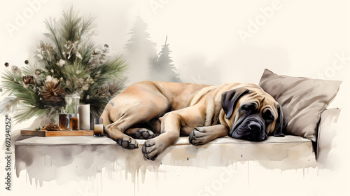 English mastiff sleeping livingroom, Christmas style, watercolor