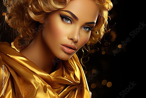 makeup professional shiny golden holiday girl model Beauty gold fashion make-up skin jewellery sexy woman face closeup isolated facial eyeshadow glowing yellow shimmer glamour accessory shine photo