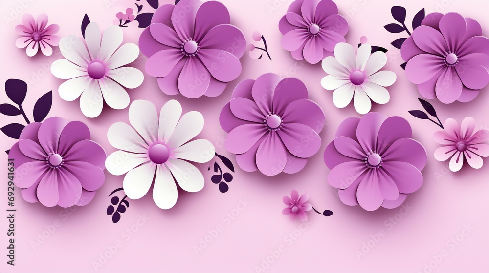 Pastel Paradise: A Delicate Array of Soft Purple and White Flowers on a Pink Canvas Pastel Paradise: A Delicate Array of Soft Purple and White Flowers on a Pink Canvas