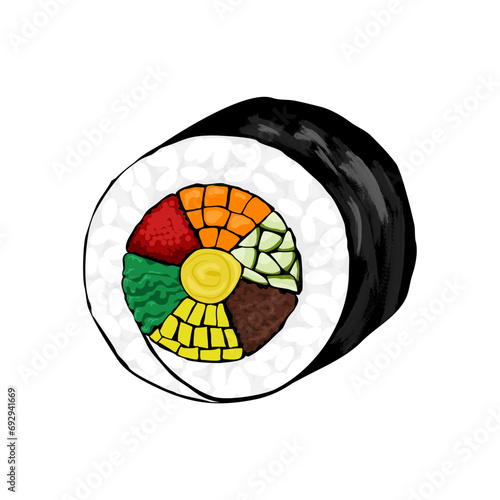 Korean kimbap. Isolated kimbap or gimbal on white background. Rice, meat, Kim chi and vegetables roll with seaweed. Authentic Asian food, Korean street food, a slice of rice roll. Sushi, vector food