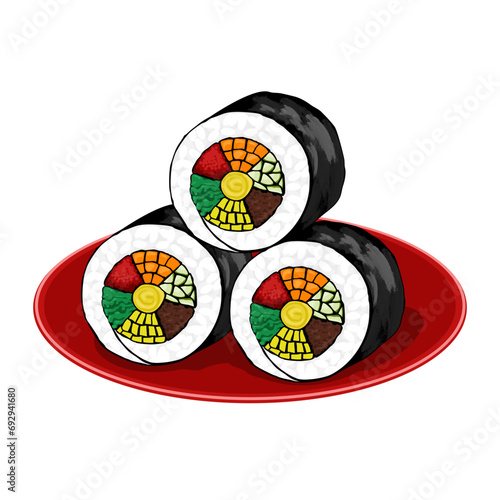 Korean kimbap. Isolated kimbap or gimbal on white background. Rice, meat, Kim chi and vegetables roll with seaweed. Authentic Asian food, Korean street food, a slice of rice roll. Sushi, vector food
