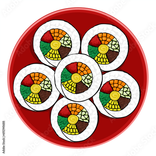 Korean kimbap. Isolated kimbap or gimbal on white background. Rice, meat, Kim chi and vegetables roll with seaweed. Authentic Asian food, Korean street food, a slice of rice roll. Sushi, vector food