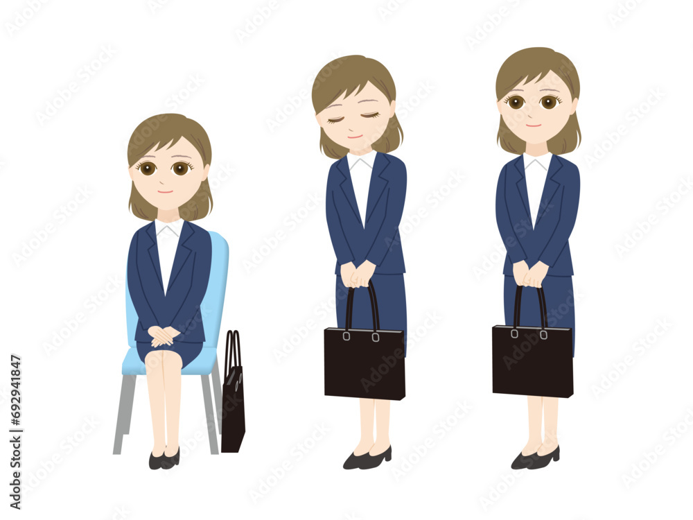 バッグを持って面接を受ける女性3ポーズ バッグを持って面接を受ける女性3ポーズ