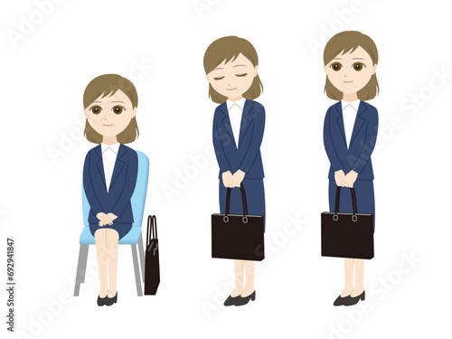 バッグを持って面接を受ける女性３ポーズ