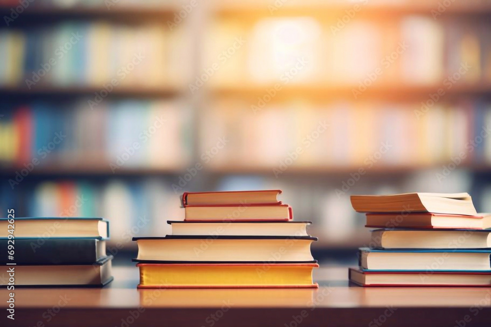 Book stack in the library room and blurred bookshelf for business and education background, back to school concept Book stack in the library room and blurred bookshelf for business and education background, back to school concept