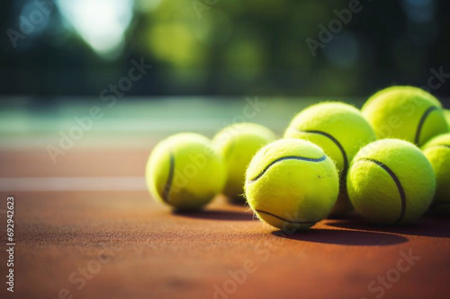 Close up of tennis rackets and tennis balls lying on tennis court. sport, tennis and activity © Ирина Курмаева