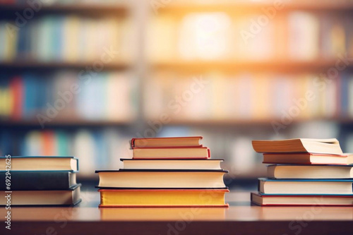 Book stack in the library room and blurred bookshelf for business and education background, back to school concept photo