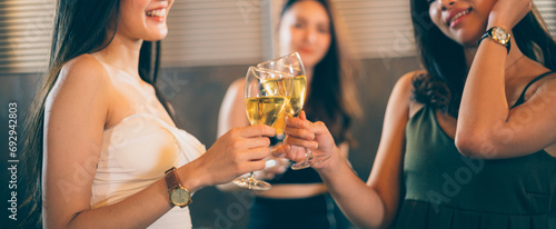Bild auf Leinwand Girls gathering and toasting glasses of wine at the party
