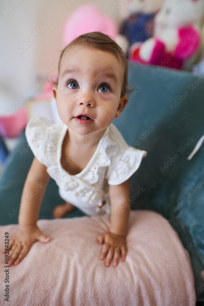 Ultrawide funny portrait of little girl at home Ultrawide funny portrait of little girl at home