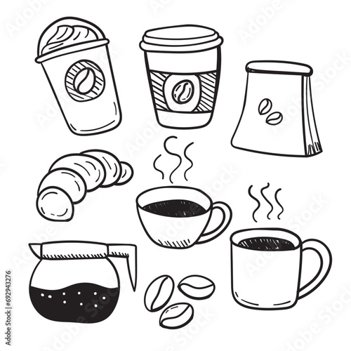 Set of coffee doodles with black and white color. Hand-drawn coffee illustrations on a white background