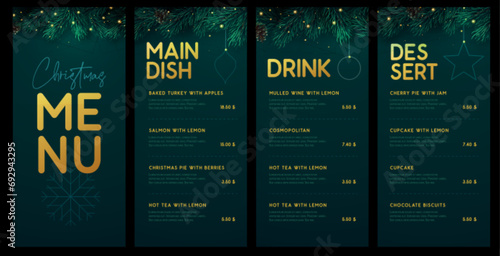 Restaurant Christmas holiday menu design with christmas floral garland on emerald background. Vector illustration