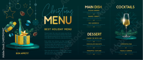 Restaurant Christmas holiday menu design with open gift box, champagne glass, pine cone and snowflakes . Vector illustration