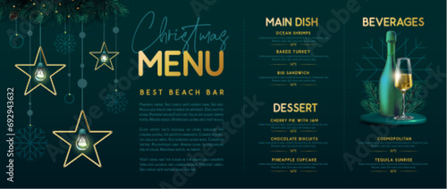 Restaurant Christmas holiday menu design with stars, snowflakes, champagne glass and bottle. Vector illustration