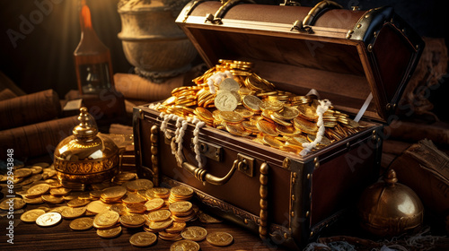 treasure chest filled with ancient gold, silver, and copper coins