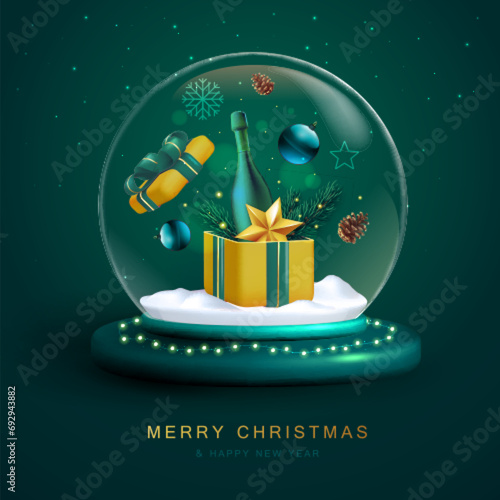Christmas snow globe with 3D champagne bottle, Christmas tree branch, pine cone, star and gift box. Vector illustration