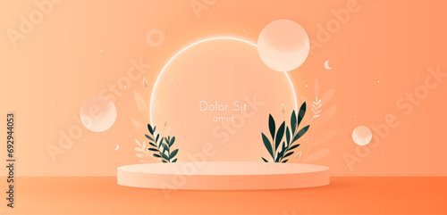 Product display presentation podium round shape and peach fuzz color with flat style plants and geometric elements. Vector design for advertisement.