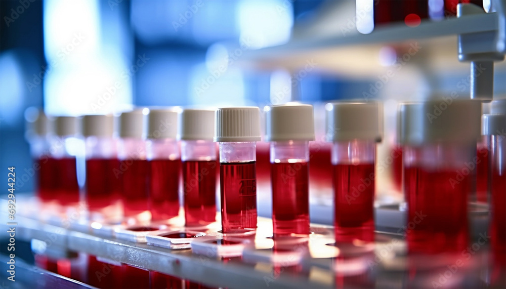 Medical test tubes. Tubes with blood in lab. Lab assistant, a medical scientist, a chemistry researcher a glass tube through the blood sample, does a chemical experiment and examines patient's Medical test tubes. Tubes with blood in lab. Lab assistant, a medical scientist, a chemistry researcher a glass tube through the blood sample, does a chemical experiment and examines patient's