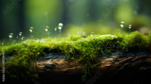 Green algae Chlorophyta. Abstract close ups, selective focus, and creative lighting, A tree trunk covered in algae and moss, Closeup of rain drop on the moss in the morning, Natural landscape in rain
 photo