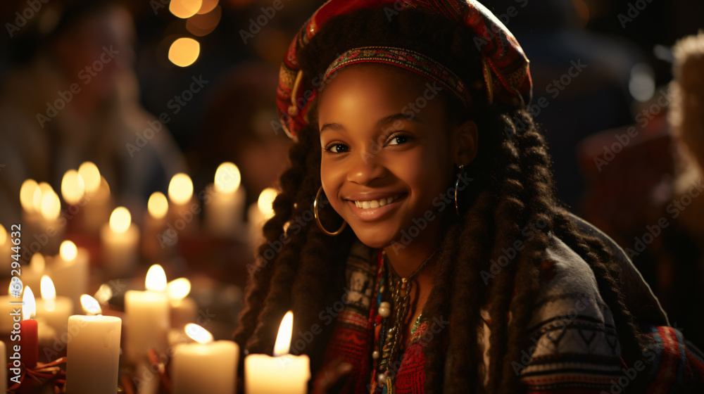 Fototapeta premium Kwanzaa Celebration, A girl immersed in the nightlife and festive atmosphere. Generative AI