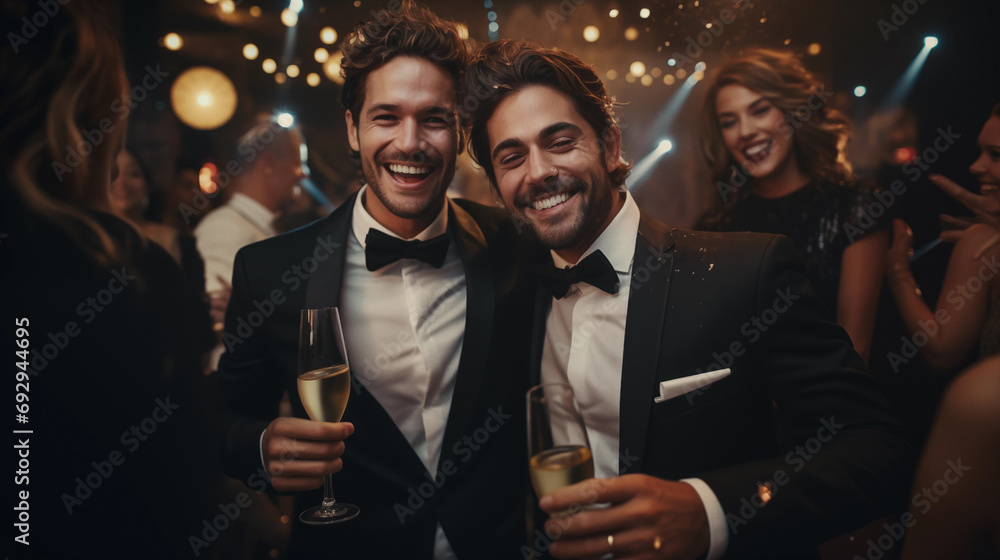 Portrait of two men holding a glass of champagne during New Year's party Portrait of two men holding a glass of champagne during New Year's party