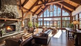 Bright Living room interior. Rustic chandelier, stone fireplace and high ceiling with wooden beams make room gorgeous. 