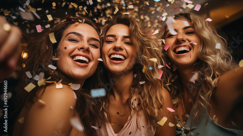 Group of friends among confetti during the New Year's party