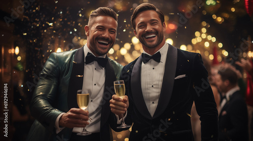 Portrait of two men holding a glass of champagne during New Year's party photo