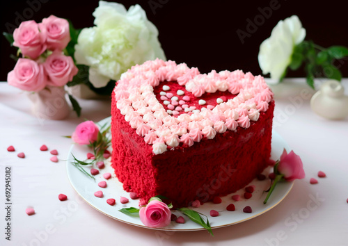 Heart-shaped Valentine's cake with roses. Concept of love and devotion. Shallow field of view. 