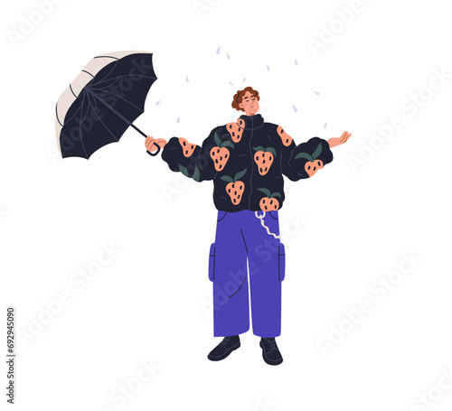 Happy character with umbrella in hand. Smiling delighted man enjoying rain, r...