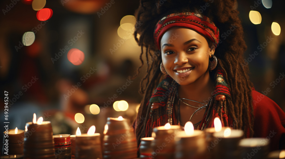 Kwanzaa Celebration, A girl immersed in the nightlife and festive atmosphere. Generative AI Kwanzaa Celebration, A girl immersed in the nightlife and festive atmosphere. Generative AI