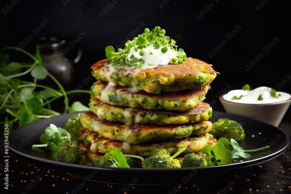 Concept of delicious healthy vegan food. Black background. Broccoli grain and pea pancake cutlets on a black plate. Concept of delicious healthy vegan food. Black background. Broccoli grain and pea pancake cutlets on a black plate.