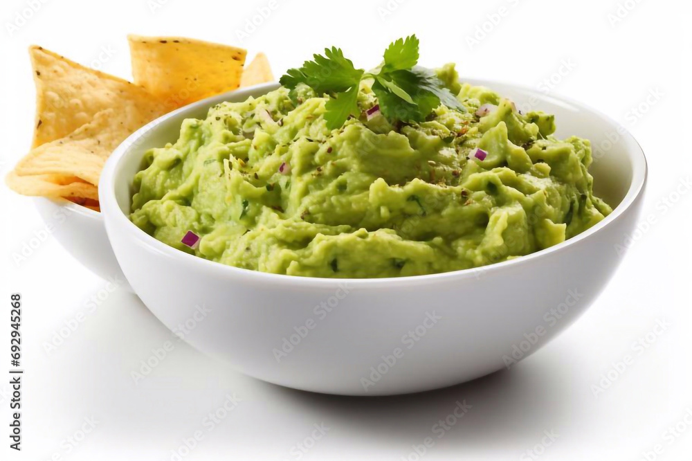 Guacamole bowl and corn chips near it on white background. Top view. File contains clipping path Guacamole bowl and corn chips near it on white background. Top view. File contains clipping path