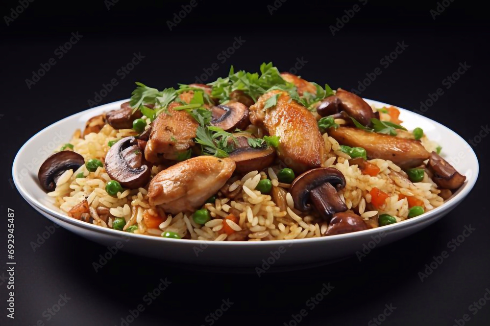 Pilaf with chicken on a plate on a white background