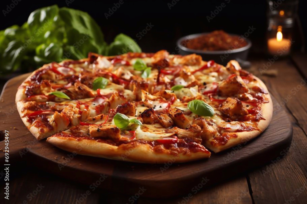 Pizza with chicken and barbeque sauce . Italian pizza on wooden table background