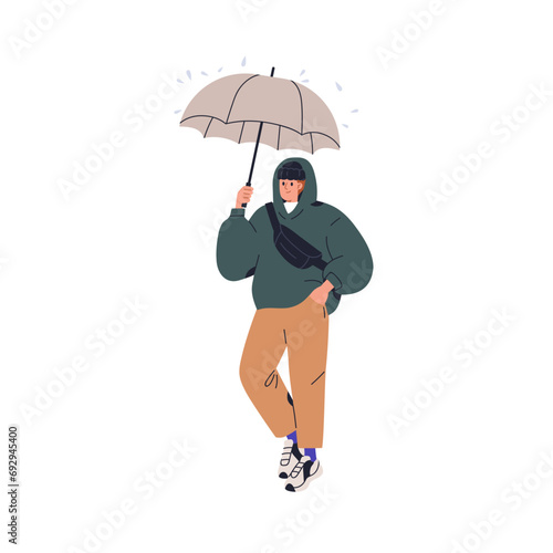 Man walking under umbrella in rainy weather, downpour. Guy holding protecting parasol in hand, going under rain drops, in hood, hoody. Flat vector illustration isolated on white background