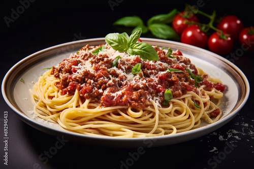 Pasta spaghetti bolognese with minced beef sauce, tomatoes, parmesan cheese and fresh basil in a plate on white table. Italian food