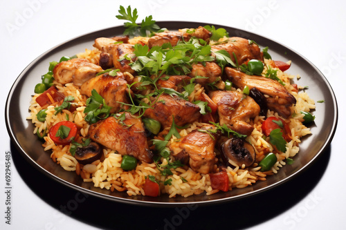 Delicious pilaf with pieces of chicken and mushrooms on a plate on a white background