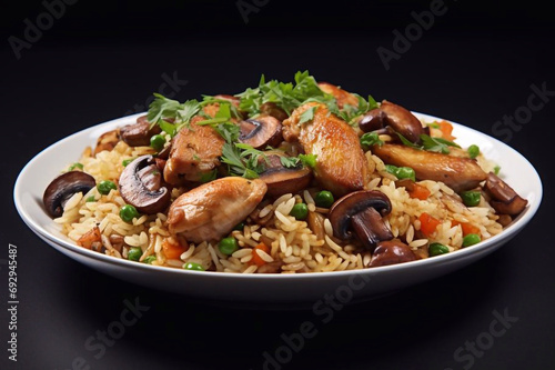 Pilaf with chicken on a plate on a white background