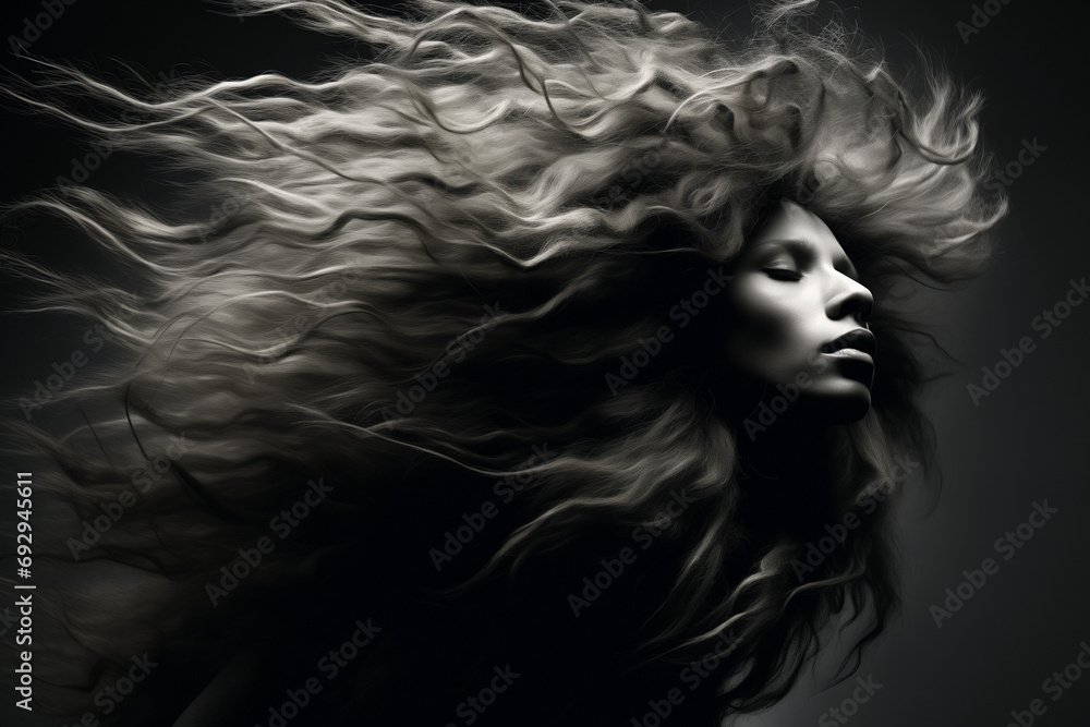 black and white portrait of a woman, hair blowing in the wind black and white portrait of a woman, hair blowing in the wind
