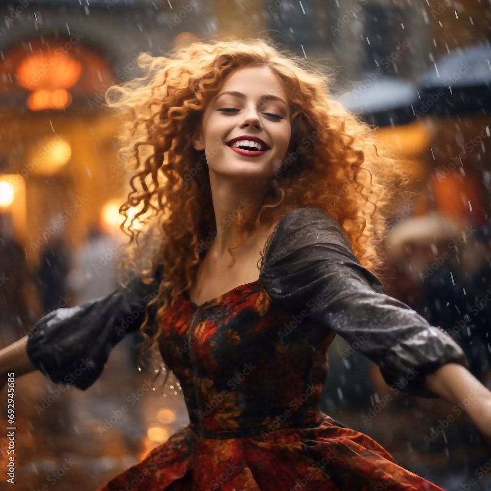 Very beautiful girl with curly light blond hair dancing in the rain