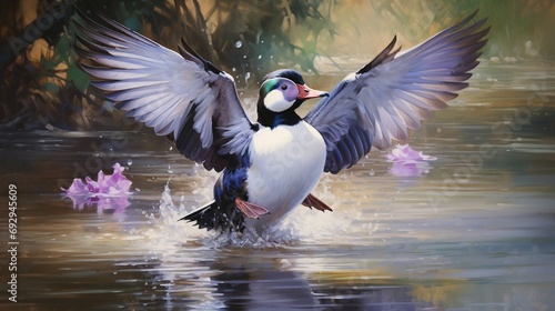 Bucephala albeola - bufflehead drake duck - spreading wings and flicking off water in a pond showing both green and purple iridescence on head  photo
