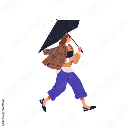 Woman walking in rainy weather. Business female character going, hurrying und...