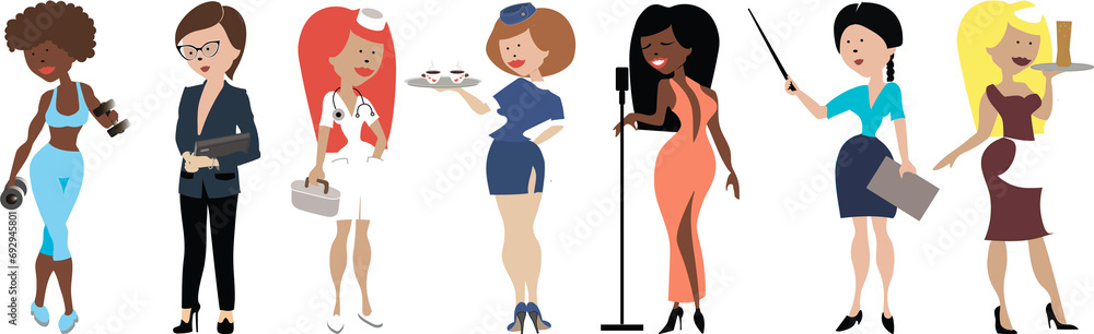 Professions. Collection of popular professions. Women. Fitness trainer, business lady, doctor, flight attendant, singer, waitress, teacher. Illustration on a transparent background. Professions. Collection of popular professions. Women. Fitness trainer, business lady, doctor, flight attendant, singer, waitress, teacher. Illustration on a transparent background.