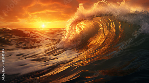 Golded splashing waves and sunrise sea