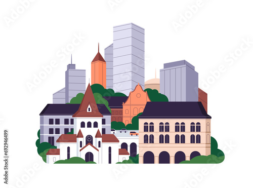 Old and new architecture. Modern, historical city buildings. High and low urb...