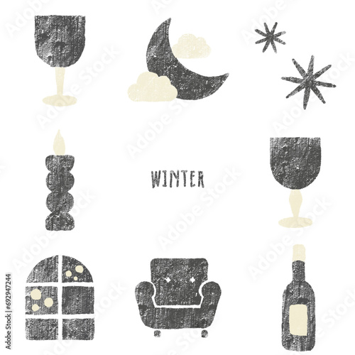 冬の夜とワインのベタ塗りイラストセット（モノクロ）