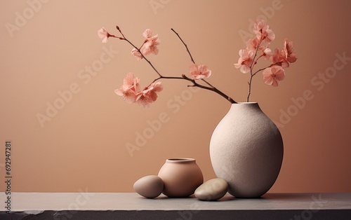 Minimalist Still Life with Ceramic Vase and Cherry Blossoms